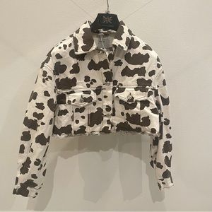Cow print cropped denim jacket